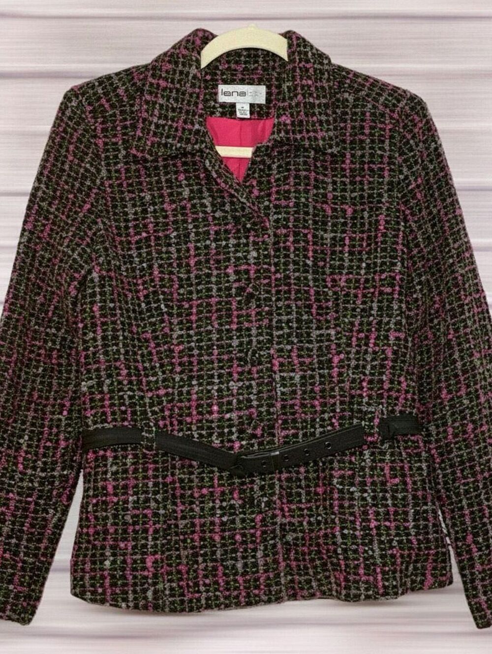 Lana Lee Tweed Blazer Jacket Women's 8 Black Pink Belted Boucle Lined